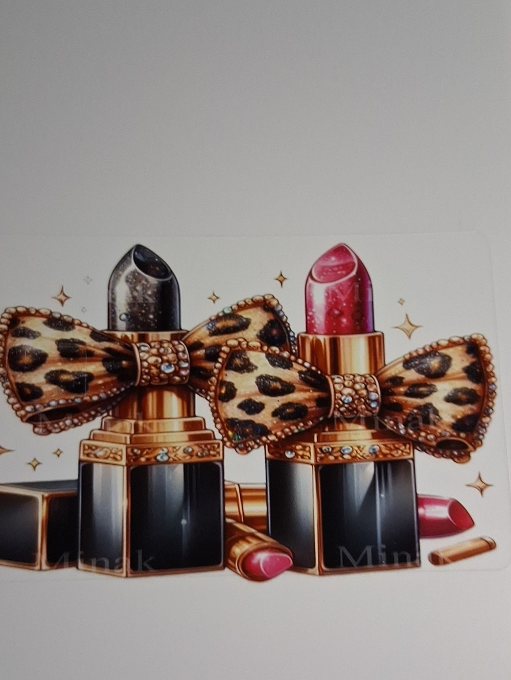 Leopard Bow Lipstick Trio Art Print - Women Accessories Debit Card Sticker